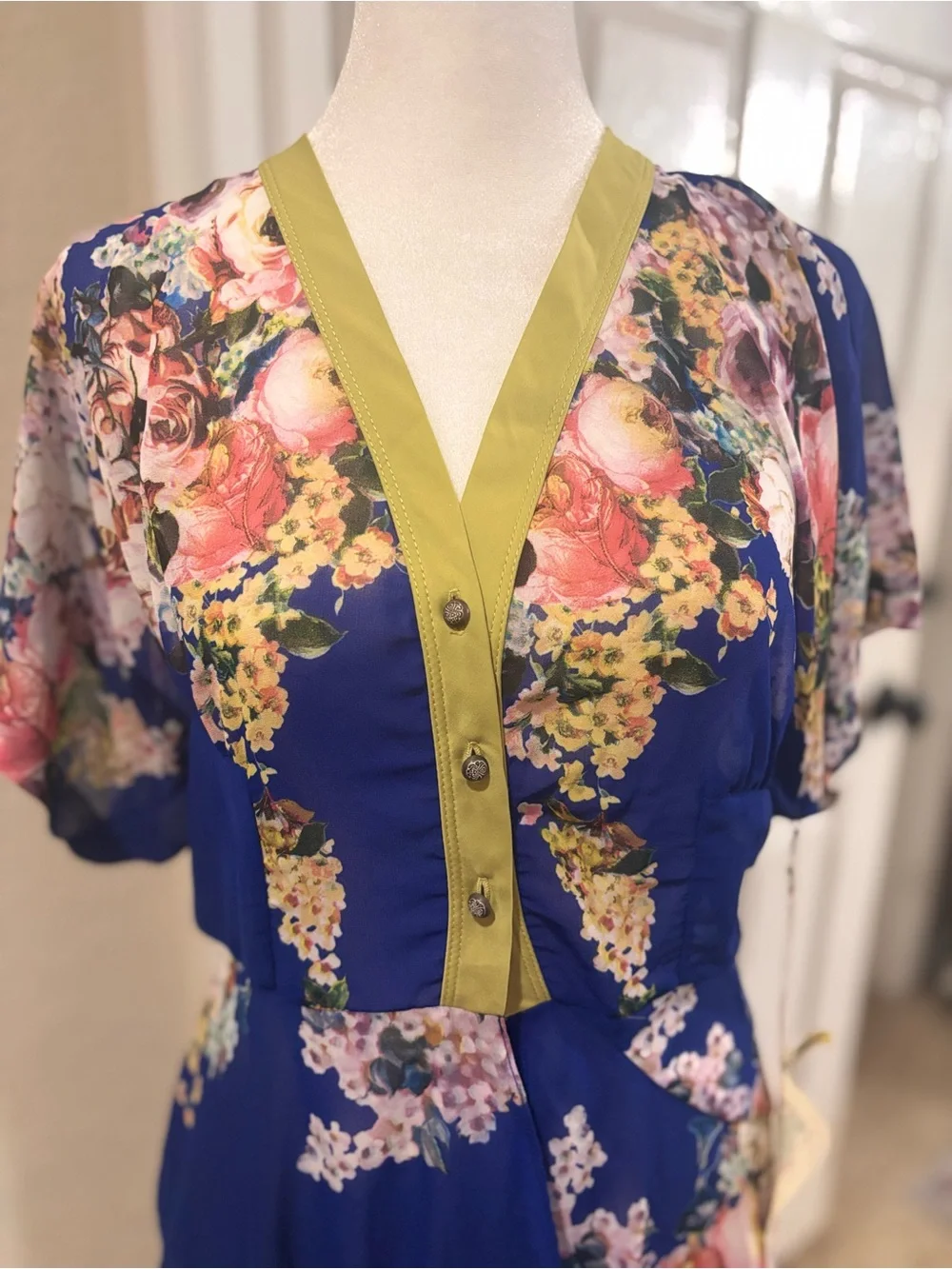 Aratta Royal Blue Floral V-Neck Ruffle Dress with Olive Trim
